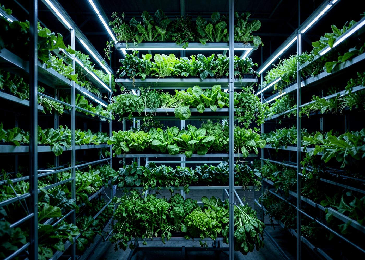 Young leafy greens growing under horticultural light